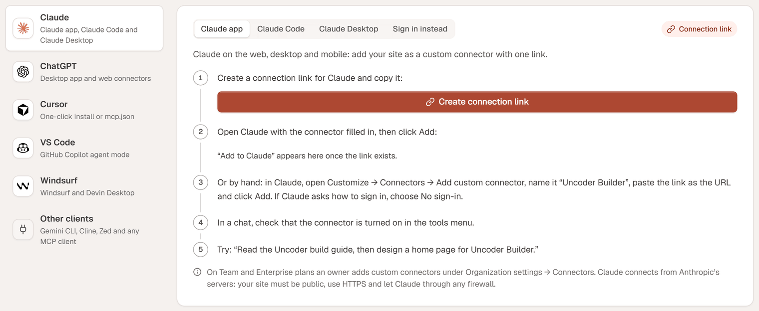 The Claude app instructions in Uncoder: a Create connection link button, then an Add to Claude button, the same steps by hand, and a note about Team and Enterprise plans