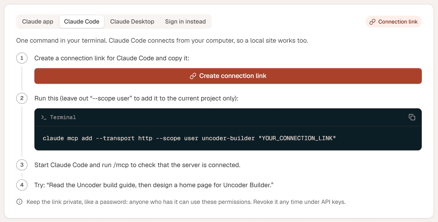 The Claude Code instructions: a Create connection link button and the claude mcp add command with the server name and the link