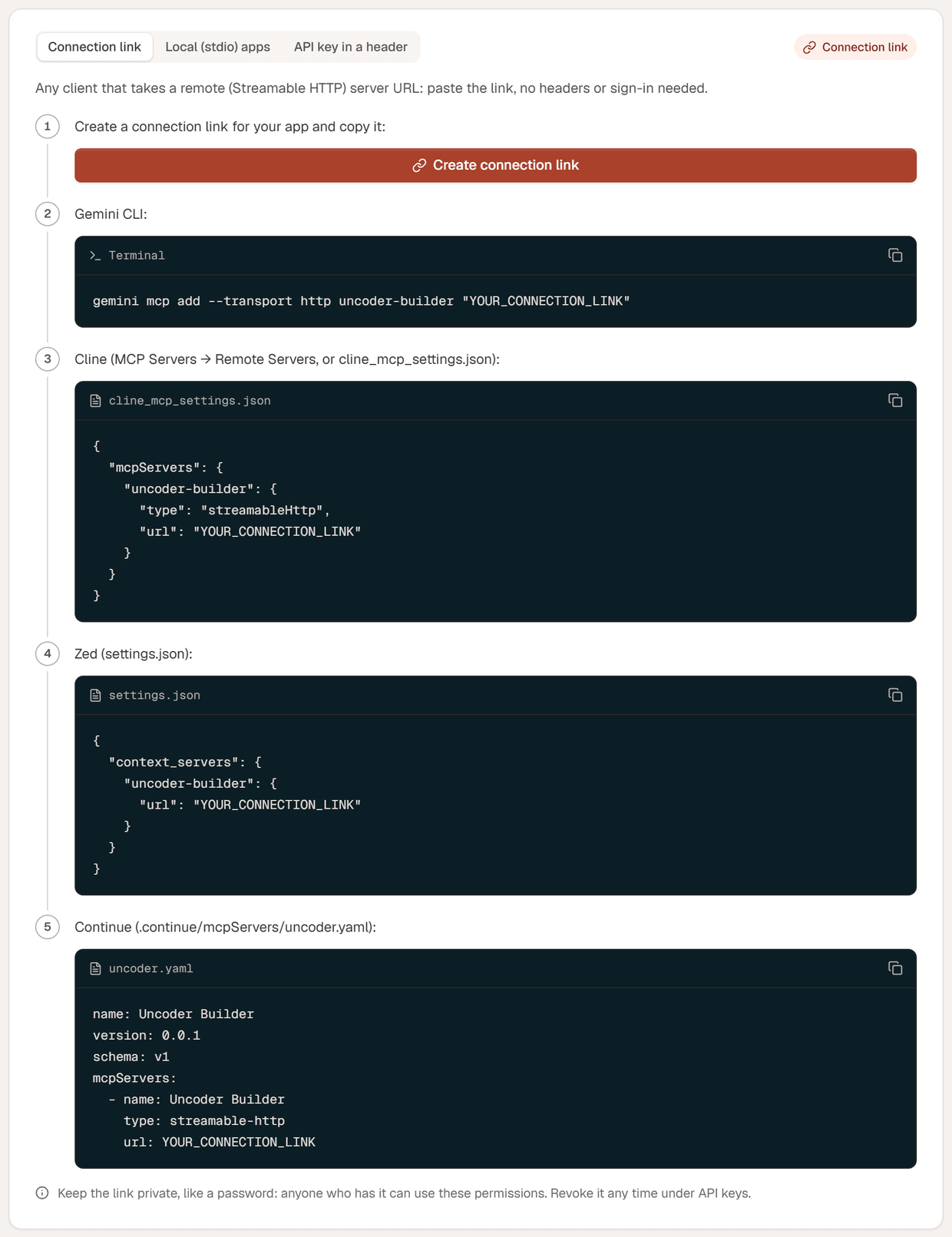 The Other clients instructions: Create connection link, then snippets for Gemini CLI, Cline, Zed and Continue, each with the link