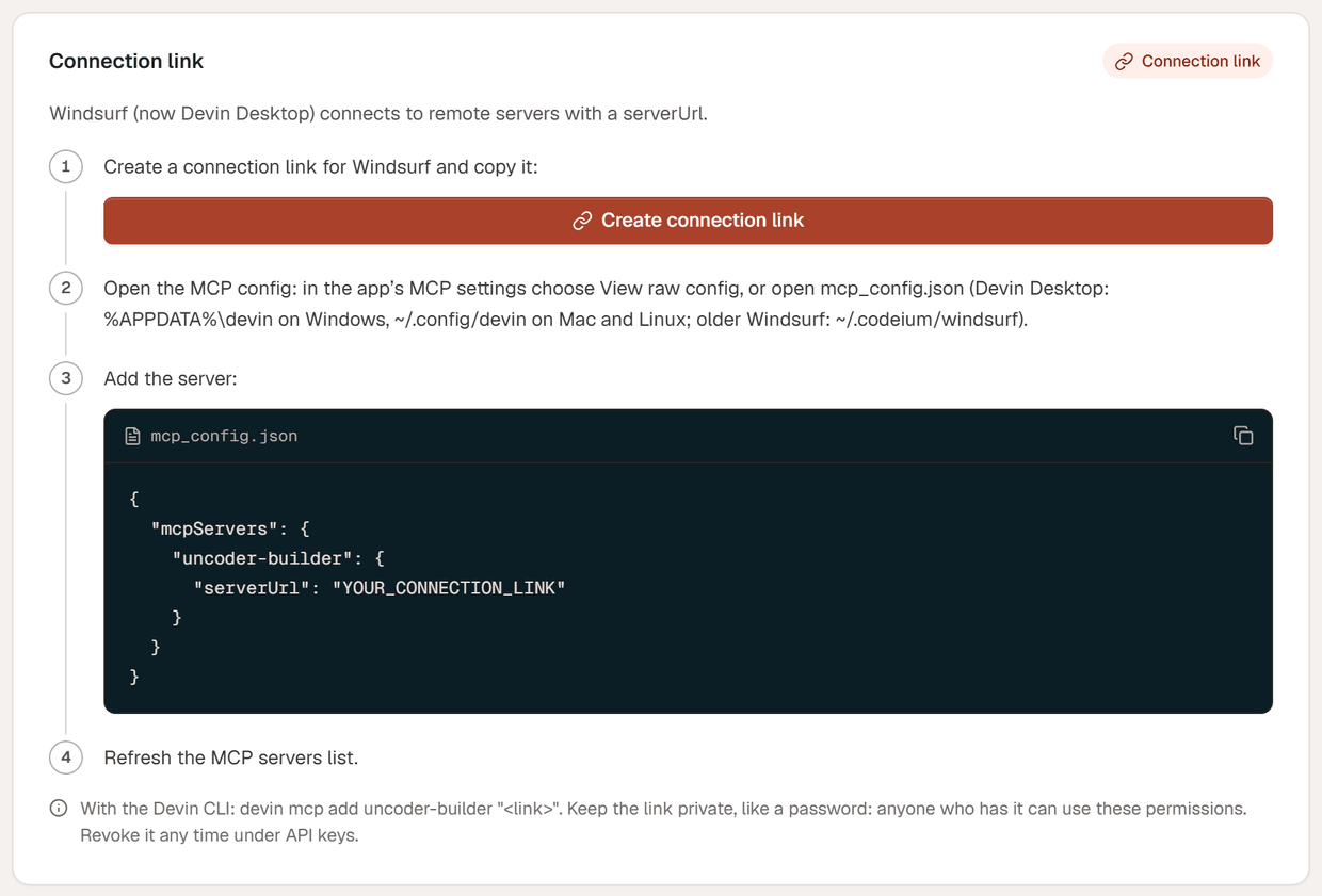 The Windsurf instructions: Create connection link, where to find mcp_config.json and an mcpServers entry with serverUrl