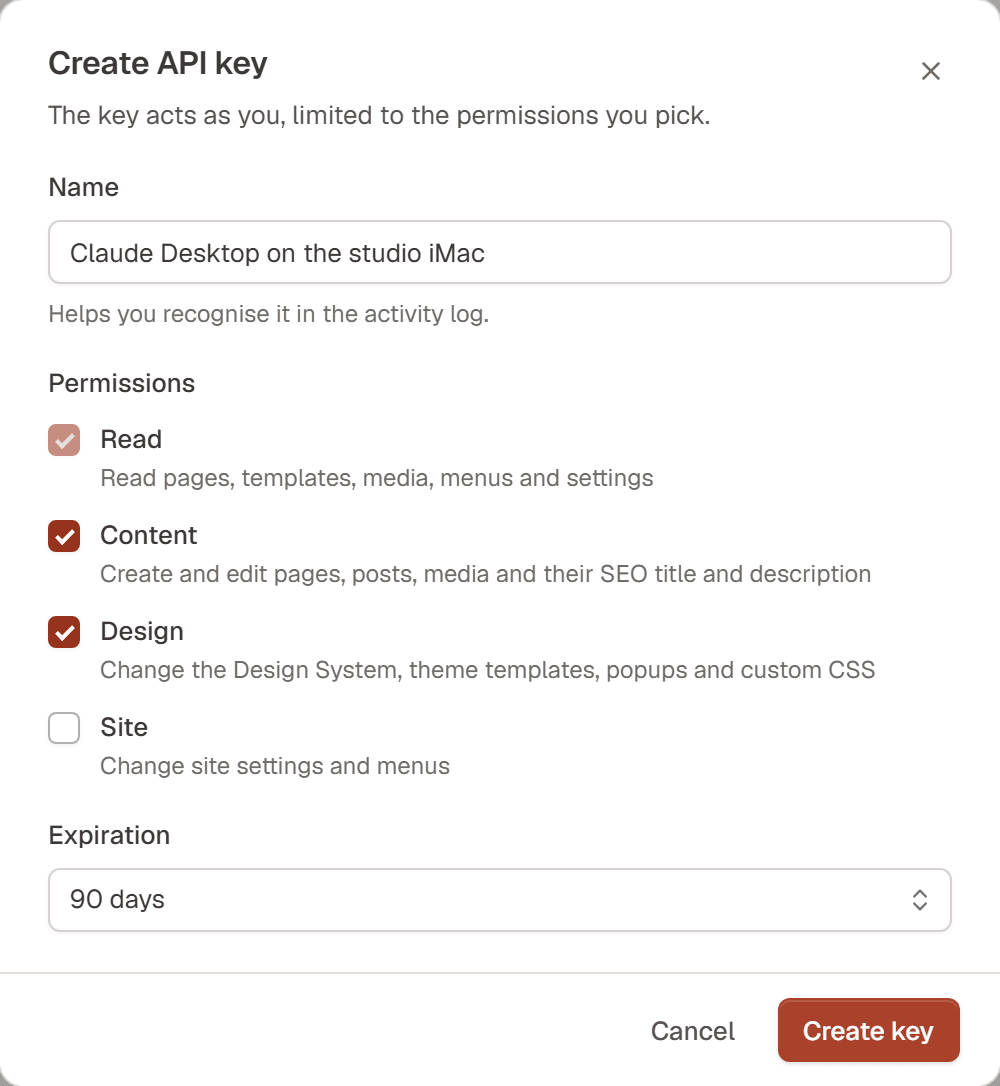 The Create API key dialog with a name, the four permissions and the Expiration menu