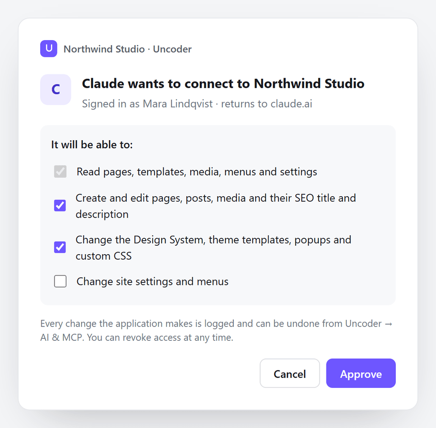 The approval screen an app shows before it connects: the app name, the signed-in user and the permissions it will get
