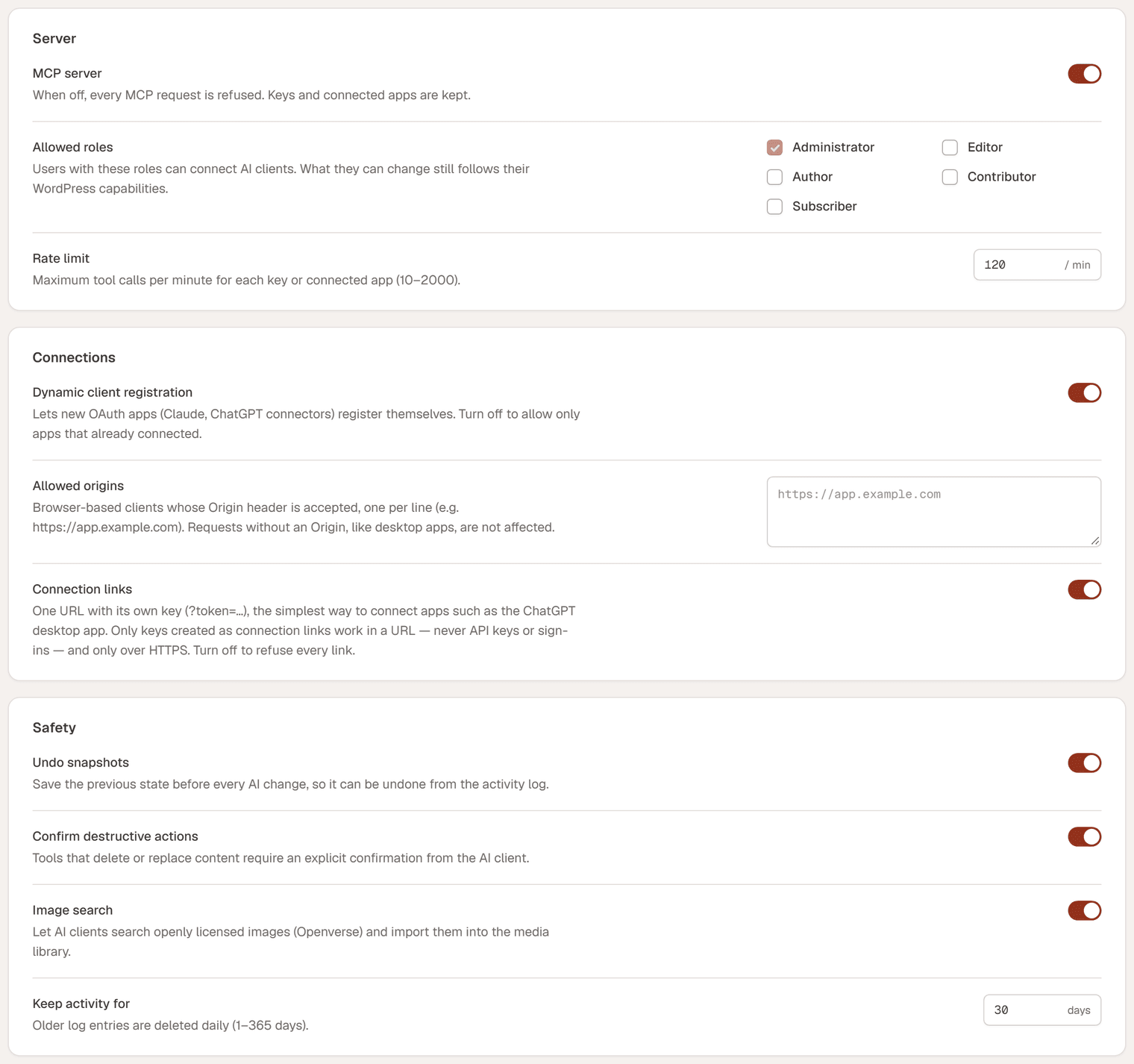 The Server settings tab with three cards: Server (MCP server, Allowed roles, Rate limit), Connections (Dynamic client registration, Allowed origins, Connection links) and Safety (Undo snapshots, Confirm destructive actions, Image search, Keep activity for)