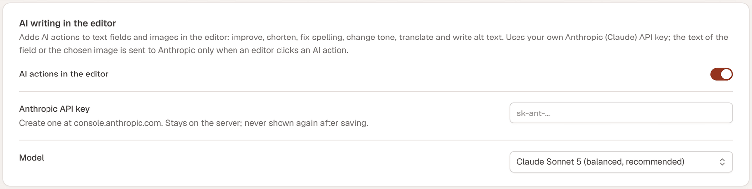 The AI writing in the editor card with AI actions in the editor turned on, the Anthropic API key field and the Model menu set to Claude Sonnet 5