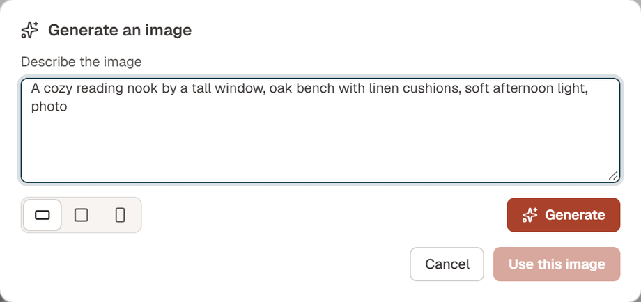 The Generate an image dialog with a description of a reading nook, the Landscape, Square and Portrait shape options and the Generate button
