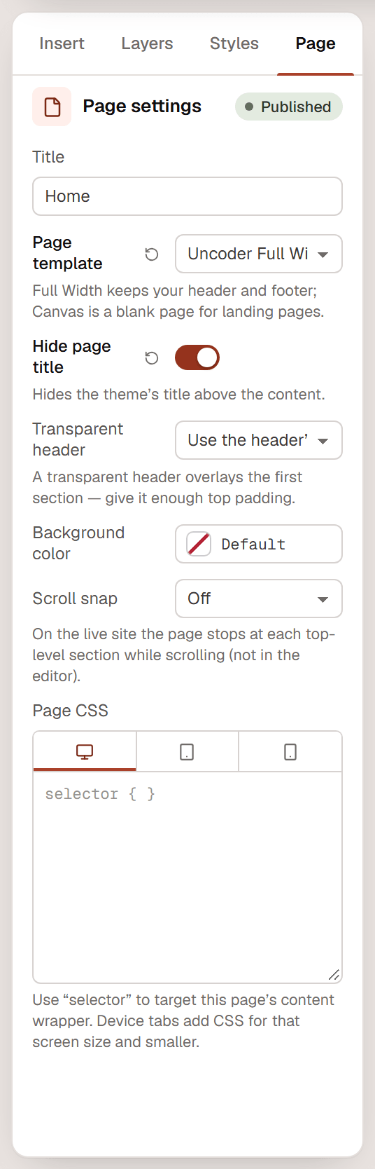 The Page settings panel of the Home page with Title, Page template, Hide page title, Transparent header, Background color, Scroll snap and Page CSS