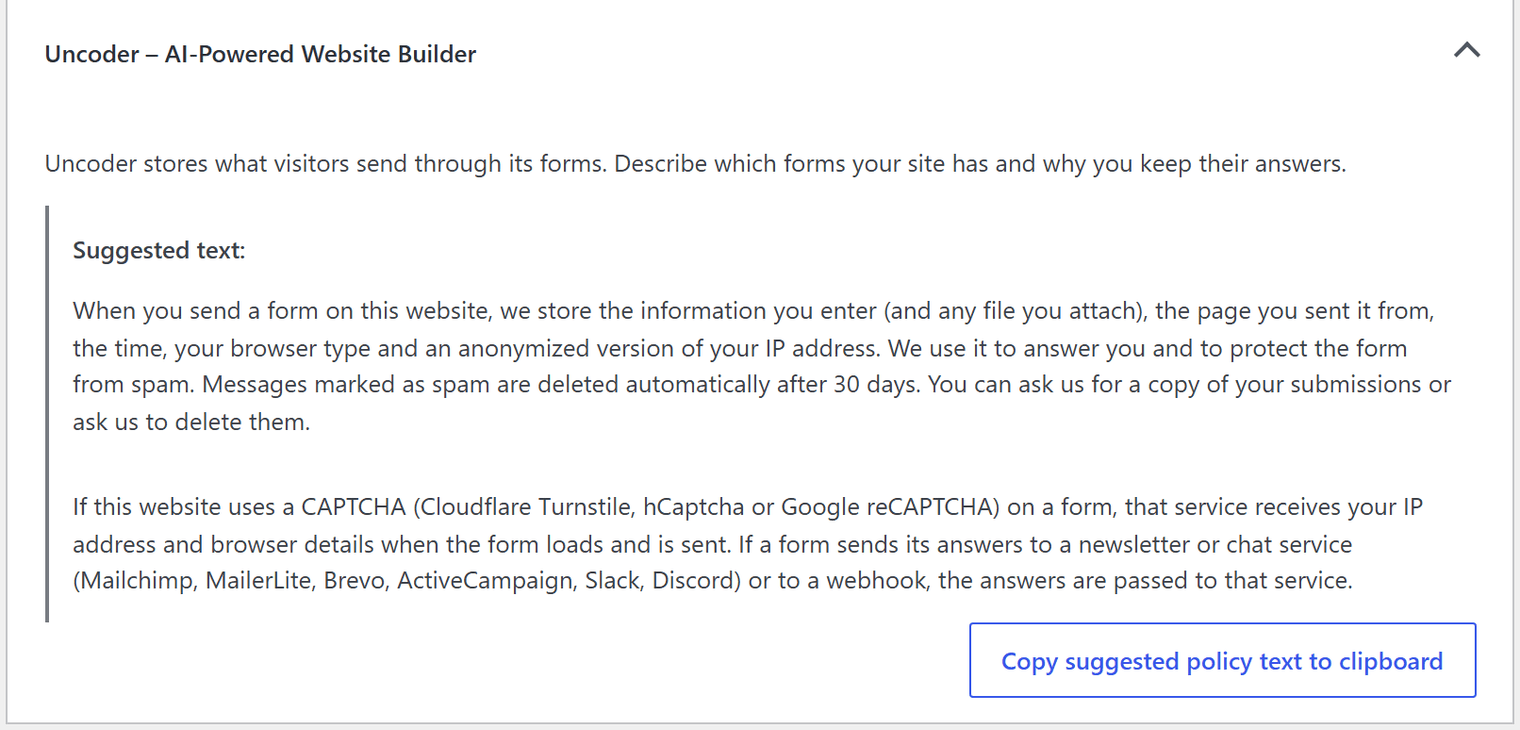 The Uncoder section of the WordPress Privacy Policy Guide with the suggested policy text and a Copy suggested policy text to clipboard button