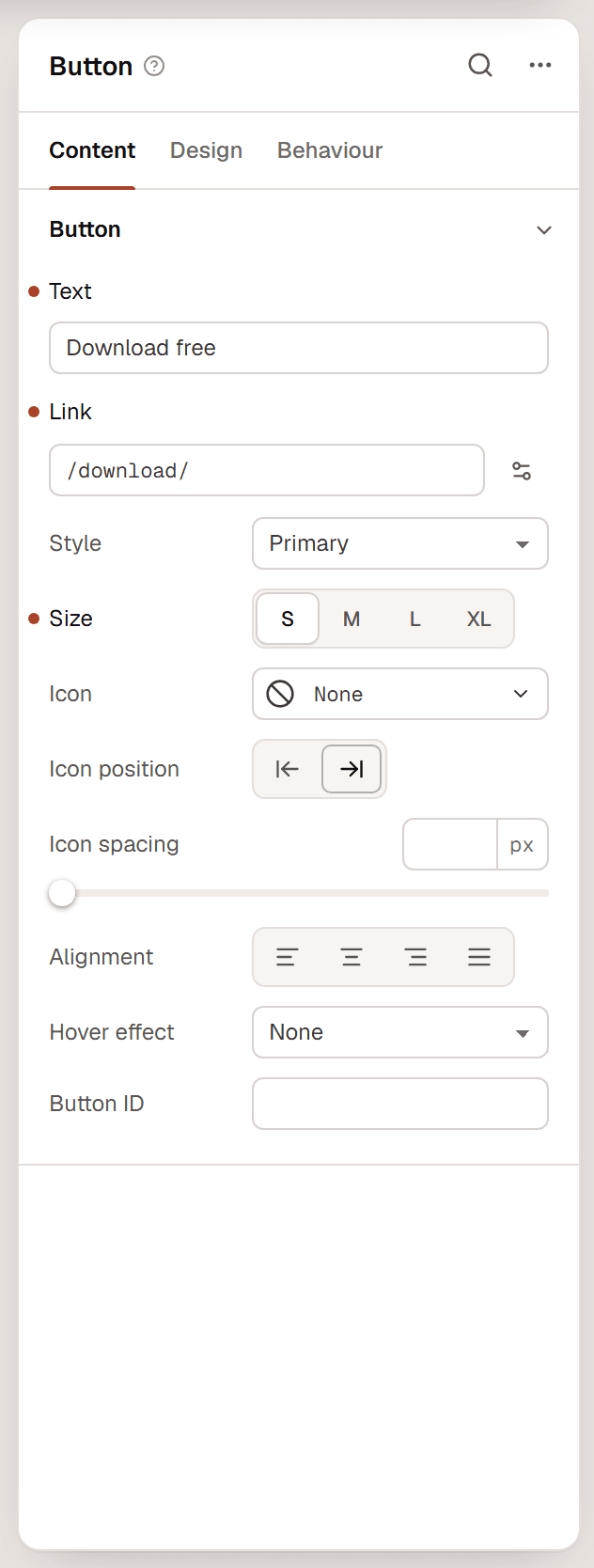 The inspector for a Button with the Content tab open, showing the button text, link and style settings