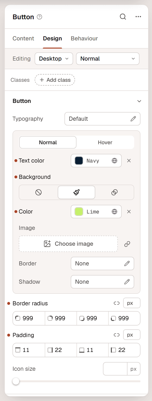 The Design tab of a Button with the Editing row, the Classes bar and the Button style sections