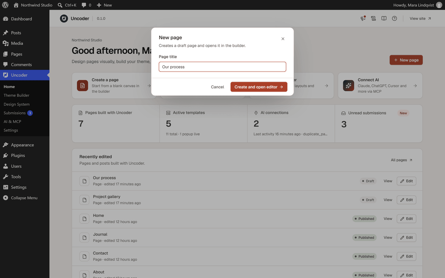 The New page dialog on the Uncoder home screen with the title Our process