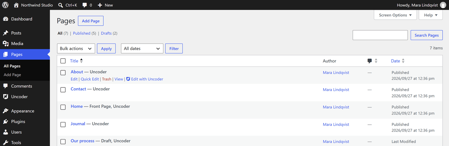 The WordPress Pages list with the Edit with Uncoder link under a page title