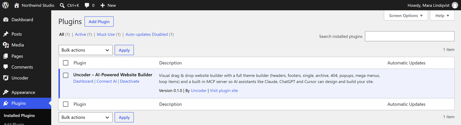 The Plugins screen with Uncoder active and its Dashboard and Connect AI links