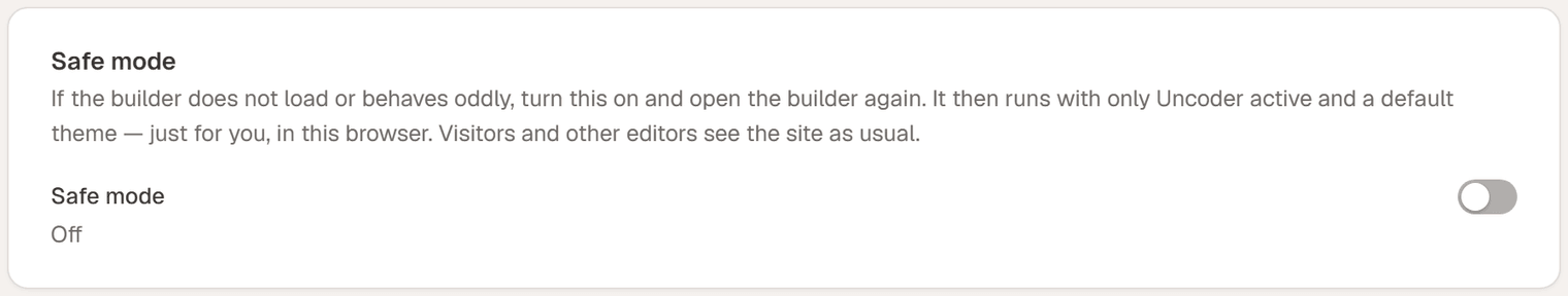 The Safe mode card in Settings → Tools