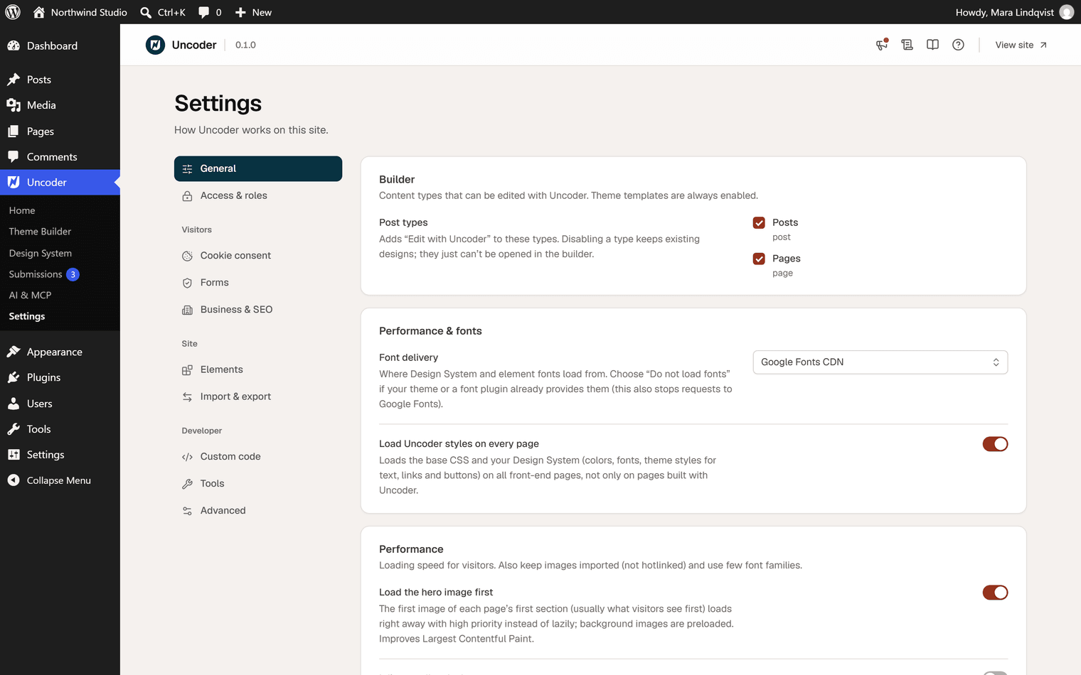 The Settings screen with the section list on the left (General, Access & roles, Cookie consent, Forms, Business & SEO, Elements, Import & export, Custom code, Tools, Advanced) and the General section open