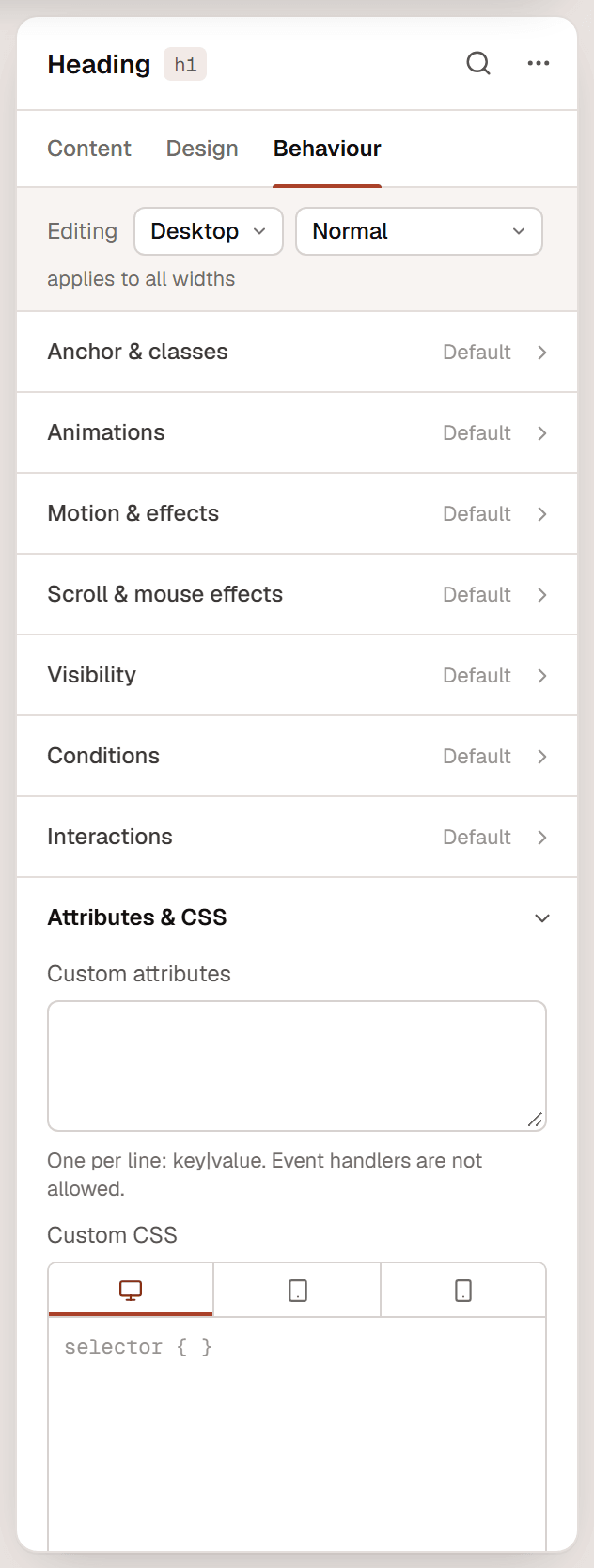 The Attributes & CSS section of a heading with the Custom attributes field and the Custom CSS editor with device tabs