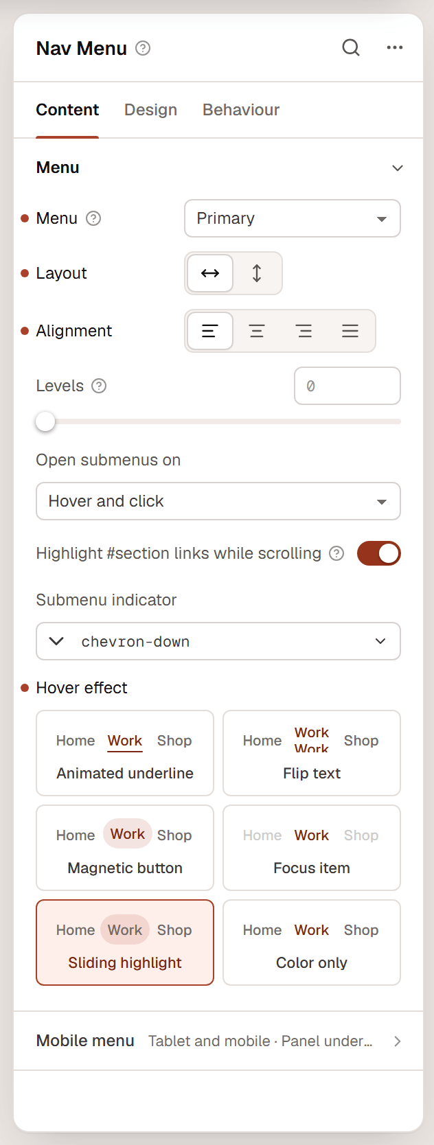 The Nav Menu settings with the Menu section open: Menu, Layout, Alignment, Levels, Open submenus on, Highlight section links, Submenu indicator and the Hover effect tiles, with Sliding highlight selected